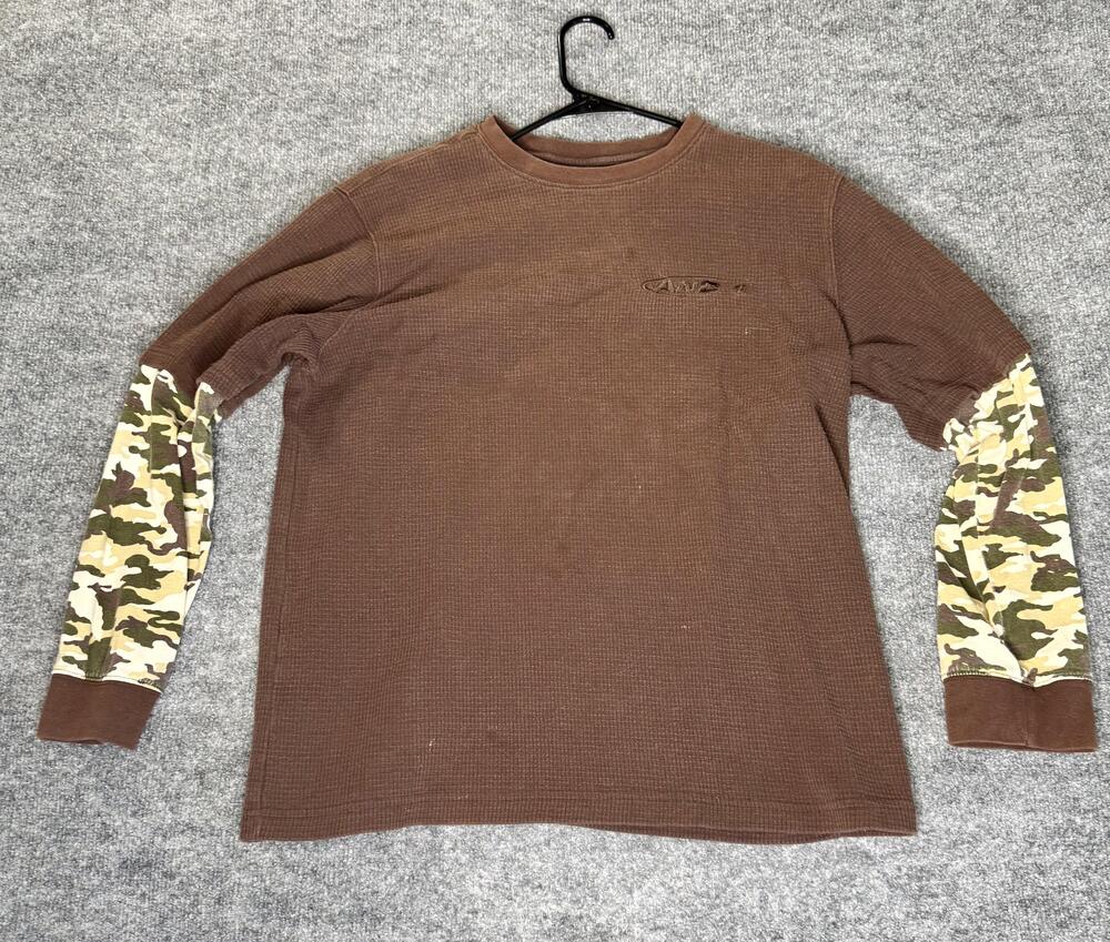 AND1 Shirt Mens Medium Brown Thermal Waffle Camo Sleeves Crewneck Long Sleeve